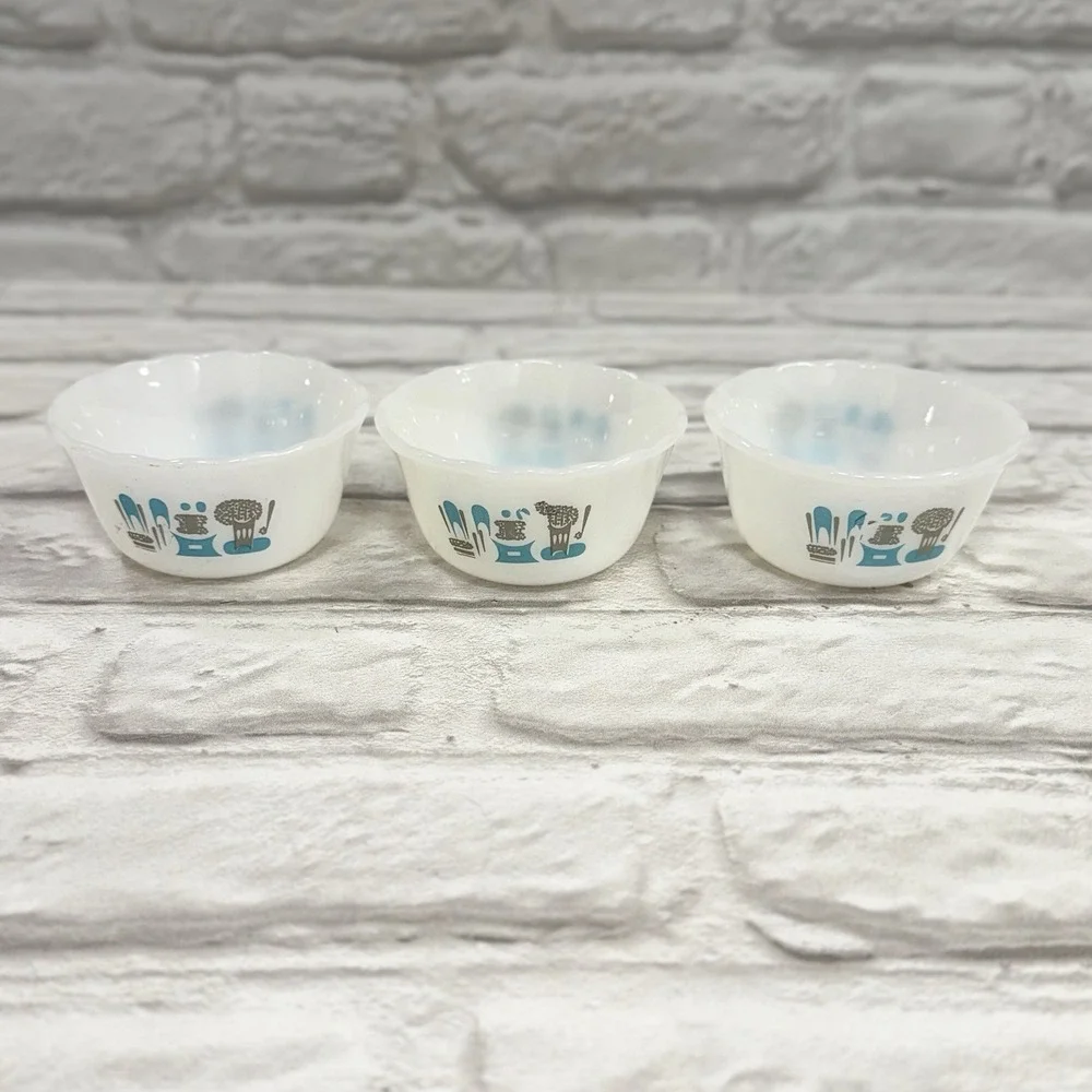 Vtg 50s Fire King Bowls Ramekin Custard Dish Blue Heaven Aqua Milk Glass 3 Count